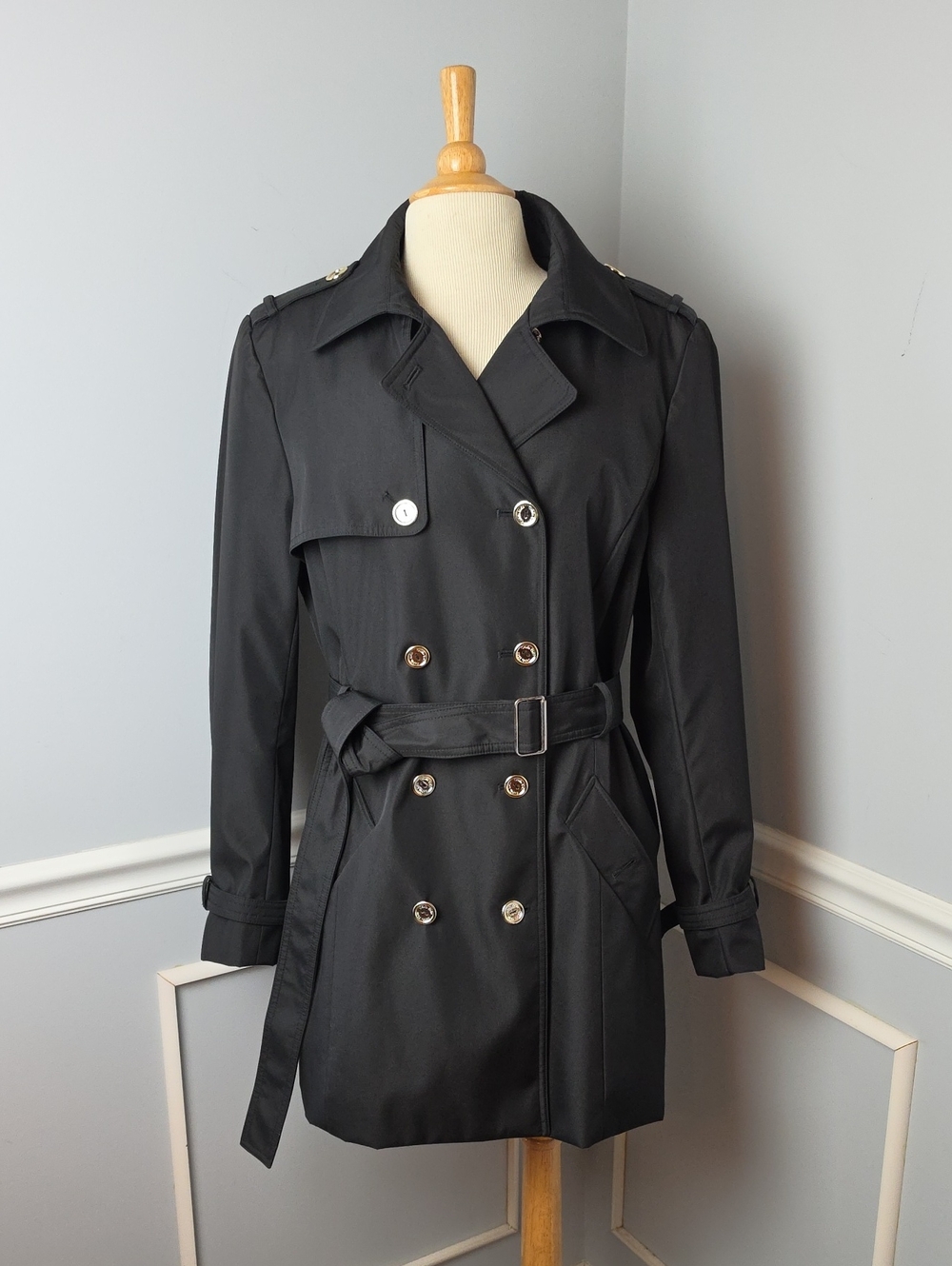CALVIN KLEIN Black Gold Button Classic Mid Length Belted Rain Trench Coat XL